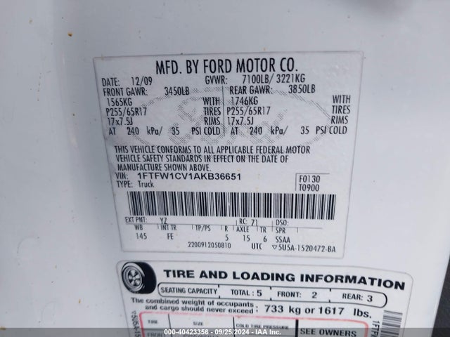 Aukcja sprzedaży 2010 Ford F-150 Fx2 Sport/harley-davidson/king Ranch/lariat/platinum/xl/xlt, vin: 1FTFW1CV1AKB36651, numer aukcji: 40423356