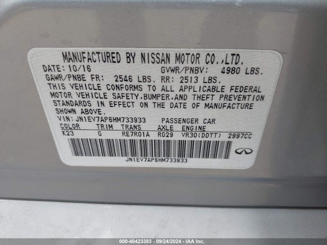 2017 Infiniti Q50 3.0t Premium მანქანა იყიდება აუქციონზე, vin: JN1EV7AP6HM733933, აუქციონის ნომერი: 40423383