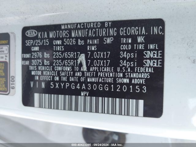 5XYPG4A30GG120153 KIA Sorento 2.4l Lx