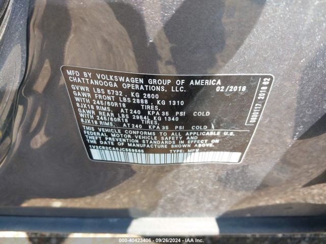 1V2CR2CA0JC559565 Volkswagen Atlas 3.6l V6 Se