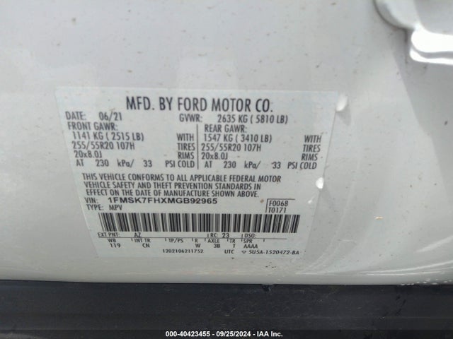 40423455 :رقم المزاد ، 1FMSK7FHXMGB92965 vin ، 2021 Ford Explorer Limited مزاد بيع