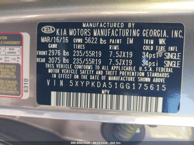 5XYPKDA51GG175615 KIA Sorento 3.3l Sxl