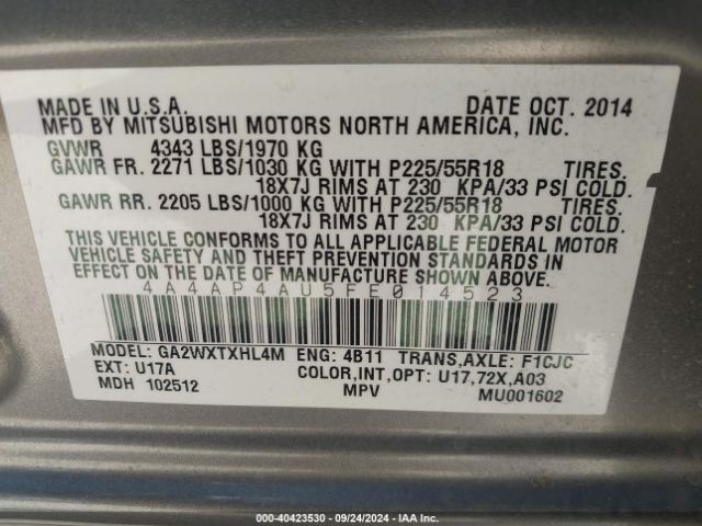 4A4AP4AU5FE014523 Mitsubishi Outlander Sport Se