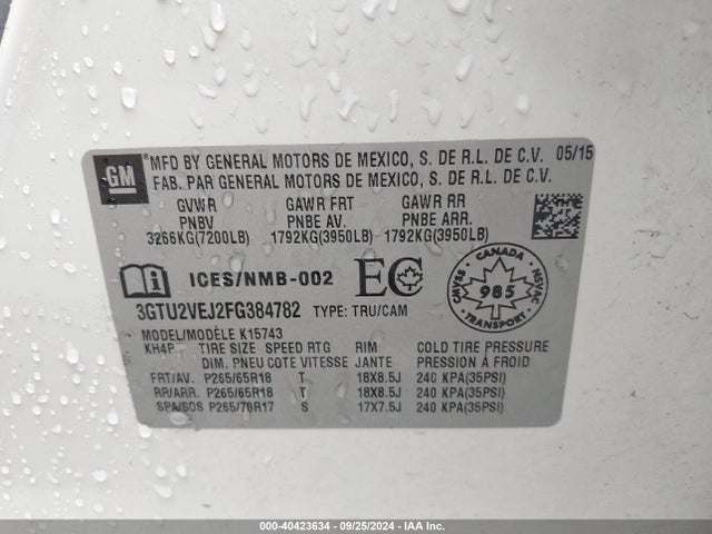 GMC Sierra 1500 Slt 2015 3GTU2VEJ2FG384782 Image 9