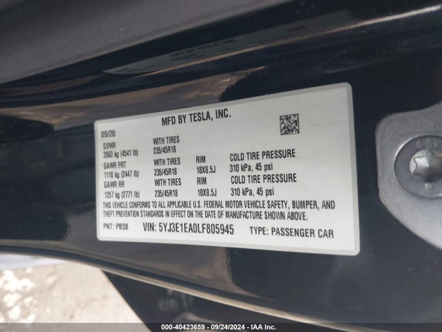 2020 TESLA MODEL 3 5YJ3E1EA0LF805945 Photo 8