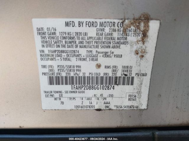 1FAHP2D88GG102874 Ford TAURUS SE
