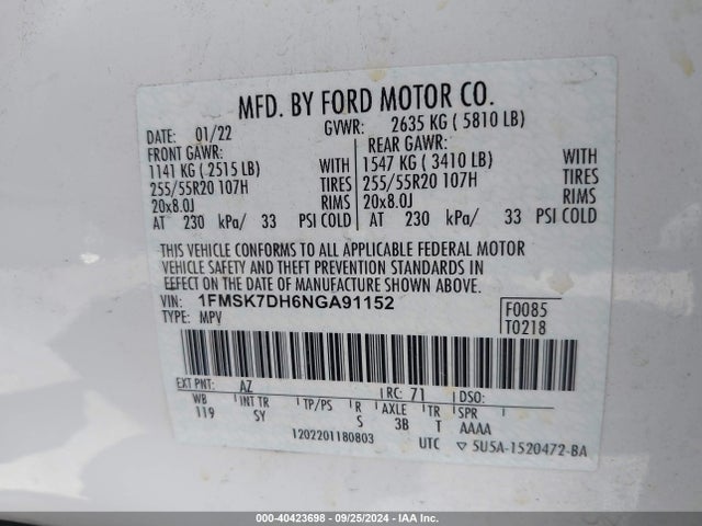 Ford EXPLORER XLT 2022 1FMSK7DH6NGA91152 Image 9