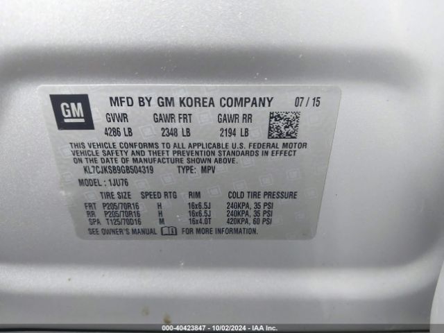 KL7CJKSB9GB504319 Chevrolet Trax 1ls