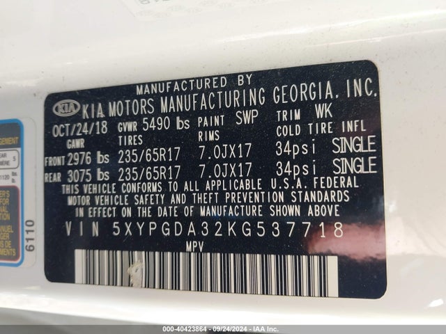 KIA Sorento 2.4l Lx 2019 5XYPGDA32KG537718 Image 9