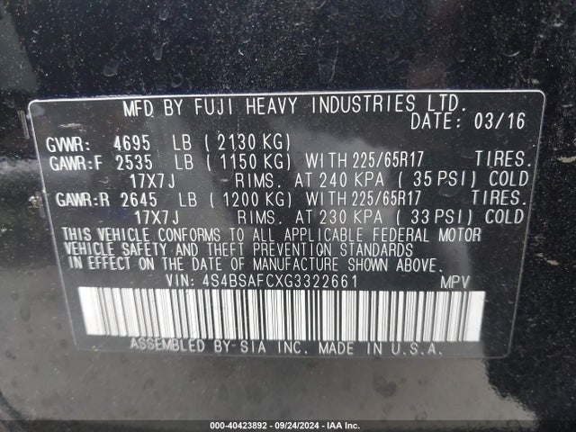 Subaru Outback 2.5i Premium 2016 4S4BSAFCXG3322661 Image 9