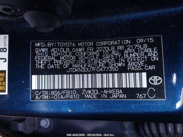 Toyota Prius Two 2015 JTDKN3DU7F0477350 Image 9