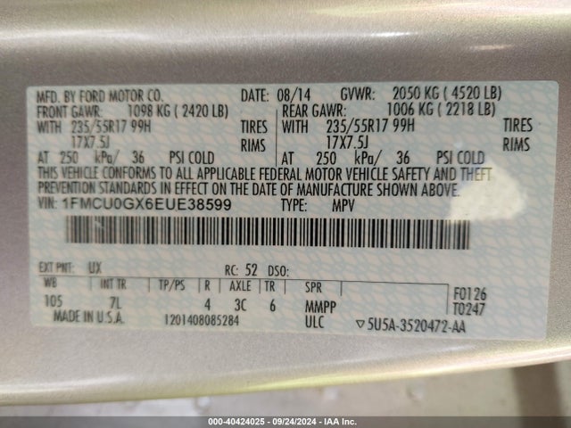 Ford ESCAPE SE 2014 1FMCU0GX6EUE38599 Image 9