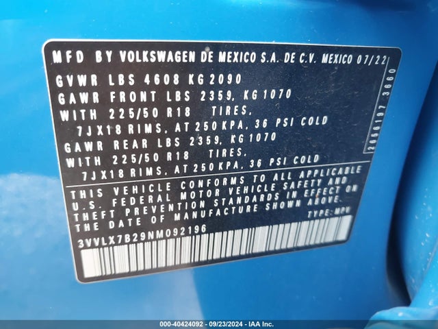 3VVLX7B29NM092196 Volkswagen Taos 1.5t Se