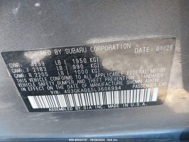 Subaru IMPREZA SEDAN 2020 4S3GKAB65L3606994 Image 9