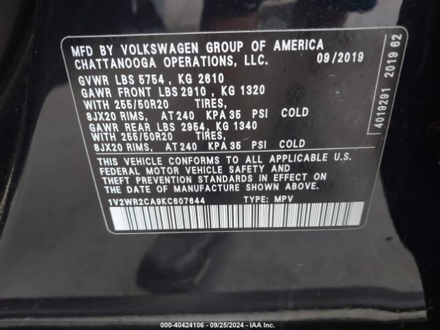 1V2WR2CA9KC607644 Volkswagen Atlas 3.6l V6 Se W/technology