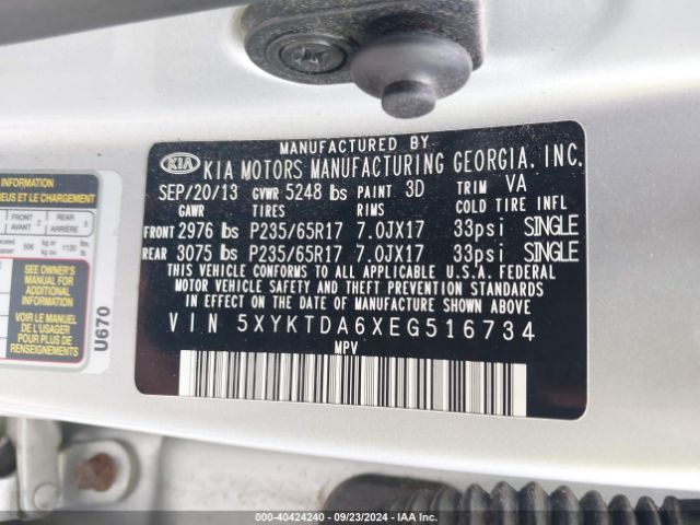5XYKTDA6XEG516734 KIA SORENTO LX