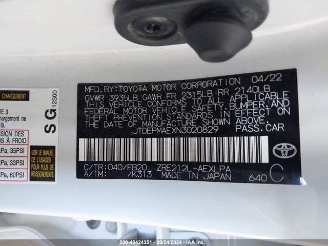 Toyota COROLLA LE 2022 JTDEPMAEXN3020829 Image 9
