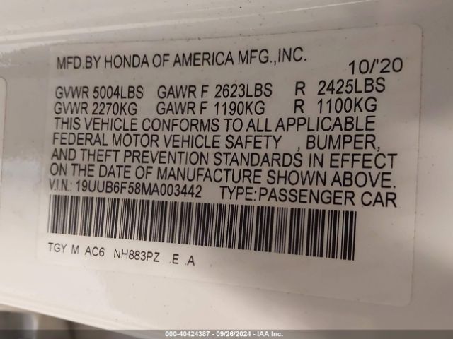 19UUB6F58MA003442 Acura Tlx A-spec Package