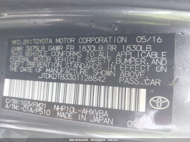 JTDKDTB33G1128842 Toyota Prius C Two
