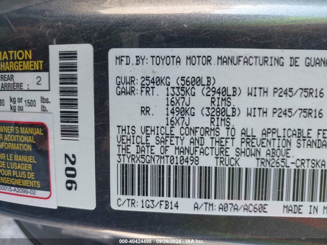 Toyota Tacoma Sr 2021 3TYRX5GN7MT010498 Image 9
