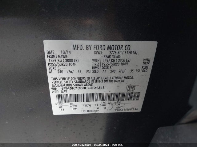 Ford EXPLORER XLT 2015 1FM5K7D80FGB01348 Image 9