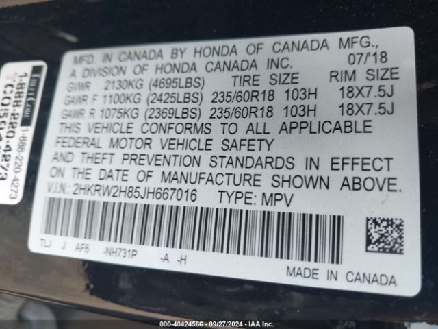 2HKRW2H85JH667016 Honda Cr-v Ex-l/ex-l Navi