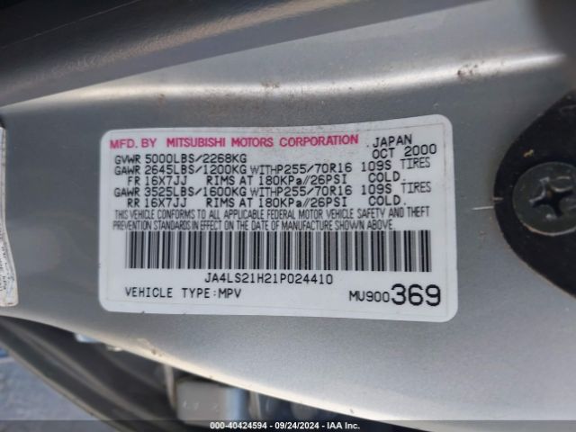 2001 MITSUBISHI MONTERO SPORT JA4LS21H21P024410 Photo 8