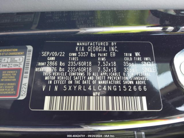 5XYRL4LC4NG152666 KIA SORENTO S