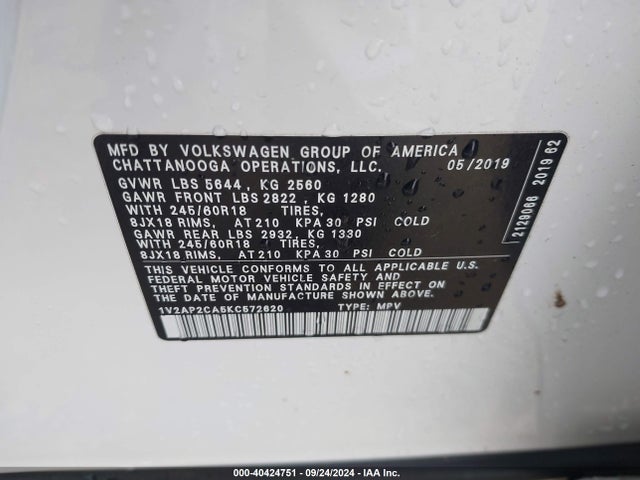1V2AP2CA5KC572620 Volkswagen Atlas 2.0t S