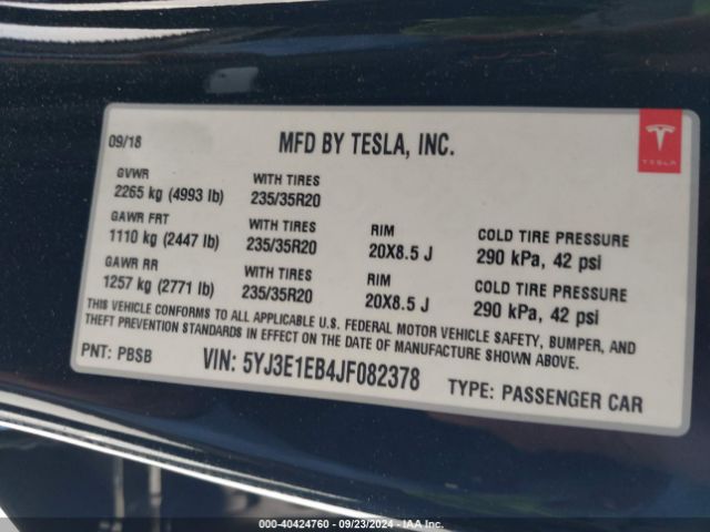 5YJ3E1EB4JF082378 Tesla Model 3 Long Range/performance