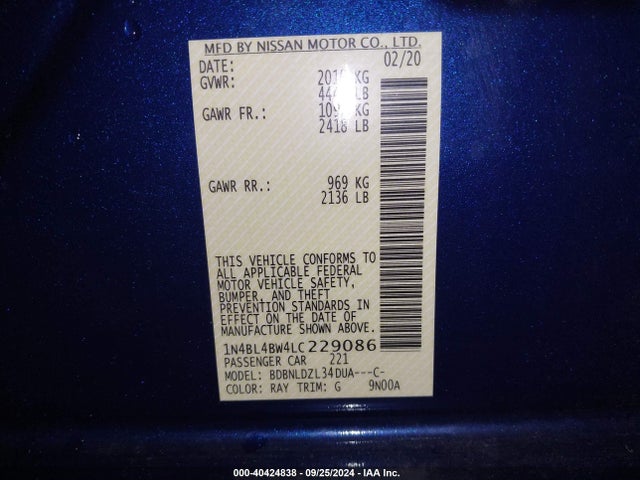 1N4BL4BW4LC229086 Nissan Altima S Intelligent Awd