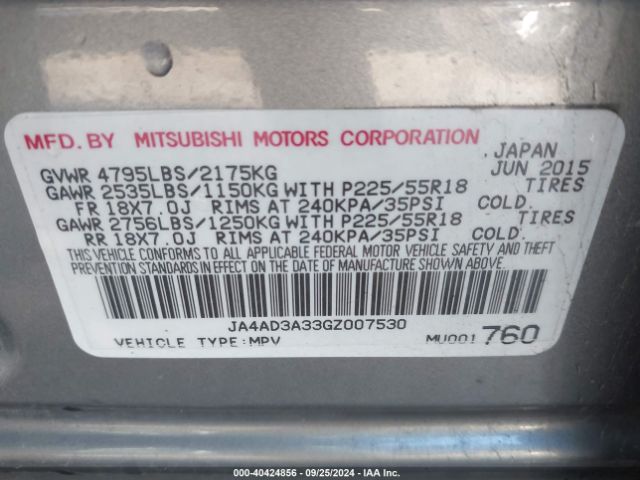 JA4AD3A33GZ007530 Mitsubishi Outlander Se