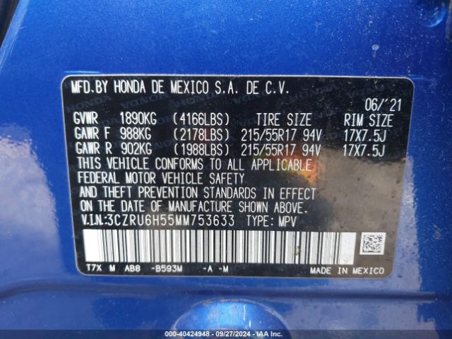 3CZRU6H55MM753633 Honda Hr-v Awd Ex