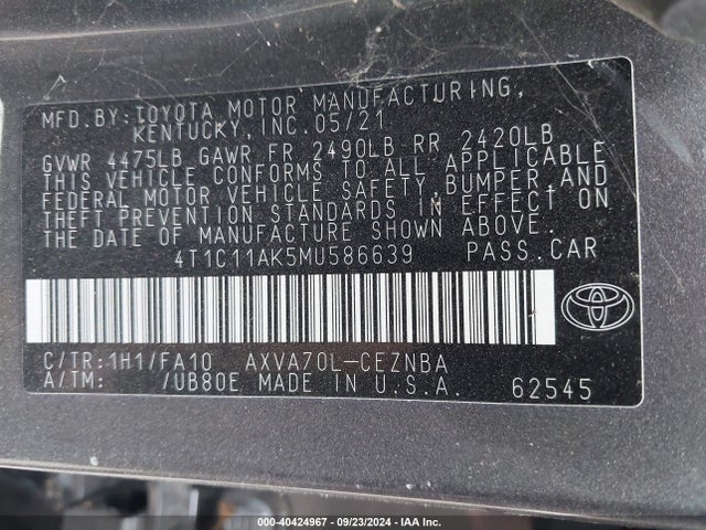 Toyota CAMRY LE 2021 4T1C11AK5MU586639 Image 9