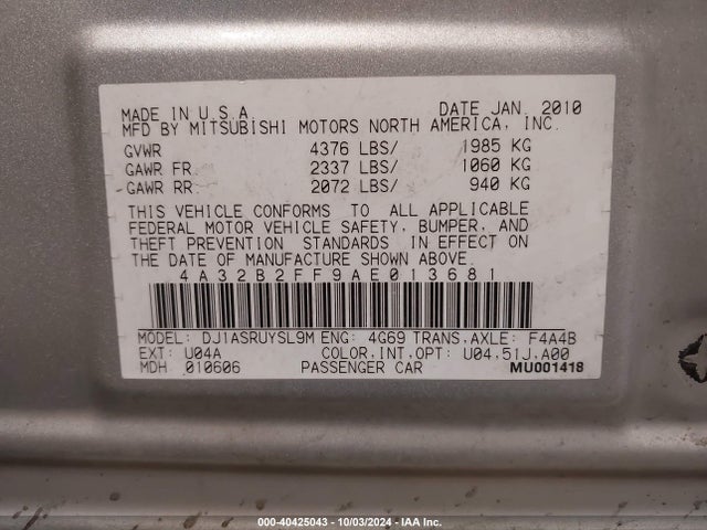 2010 MITSUBISHI GALANT 4A32B2FF9AE013681 Photo 8