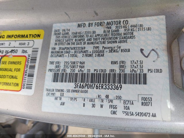 Ford FUSION SE 2014 3FA6P0H76ER333369 Image 9