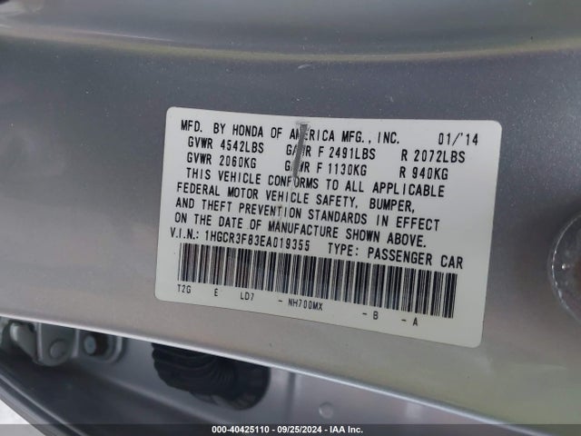 Honda Accord Ex-l V-6 2014 1HGCR3F83EA019355 Image 9
