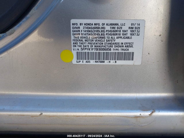 Honda Ridgeline Sport 2014 5FPYK1F70EB006856 Image 9