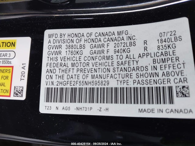 Honda Civic Sport 2022 2HGFE2F55NH595829 Image 9