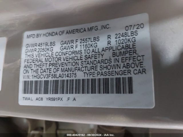 1HGCV3F58LA014375 Honda Accord Hybrid Ex-l