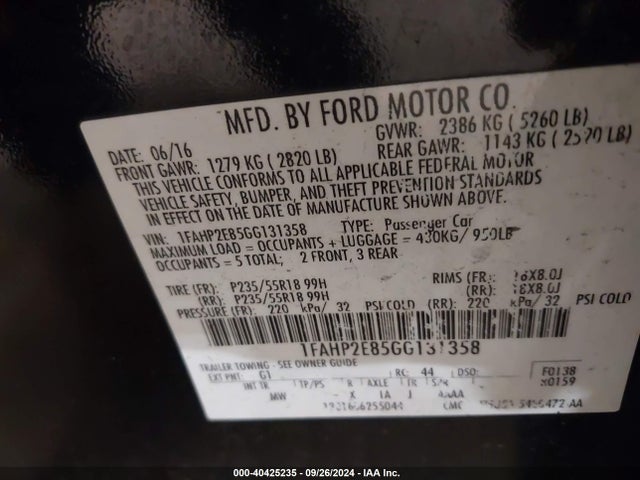 Ford TAURUS SEL 2016 1FAHP2E85GG131358 Image 9