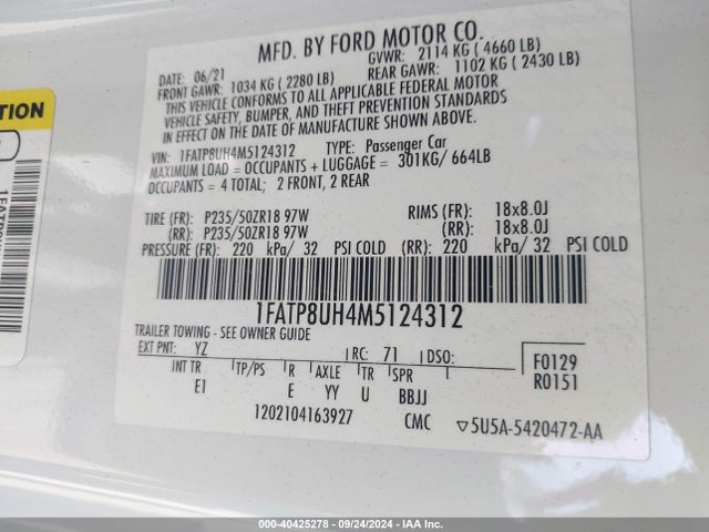 Продажа на аукционе авто 2021 Ford Mustang Ecoboost Premium, vin: 1FATP8UH4M5124312, номер лота: 40425278