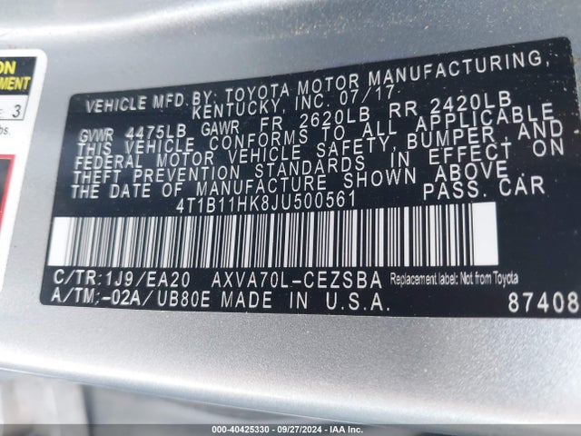 Toyota CAMRY SE 2018 4T1B11HK8JU500561 Image 9