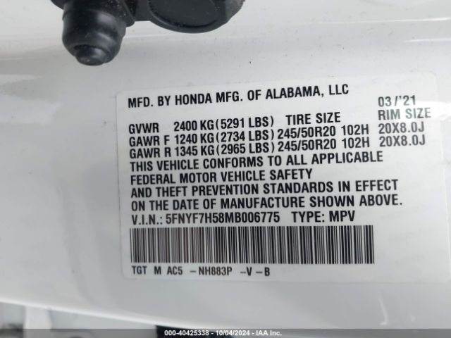 5FNYF7H58MB006775 Honda Passport 2wd Ex-l