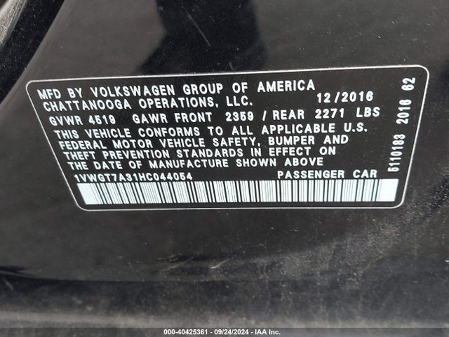 1VWGT7A31HC044054 Volkswagen Passat 1.8t Se