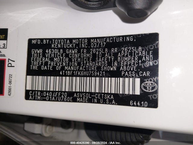 Toyota CAMRY SE 2017 4T1BF1FK6HU759421 Image 9