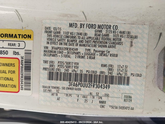 Ford Fusion Hybrid S 2015 3FA6P0UU2FR304349 Image 9