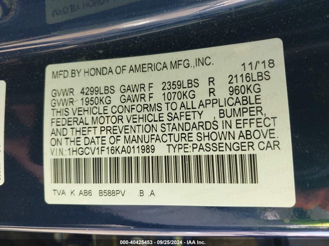 Honda ACCORD LX 2019 1HGCV1F16KA011989 Image 9