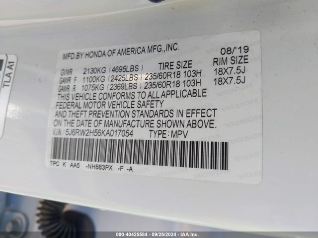 Honda CR-V EX 2019 5J6RW2H56KA017054 Image 9