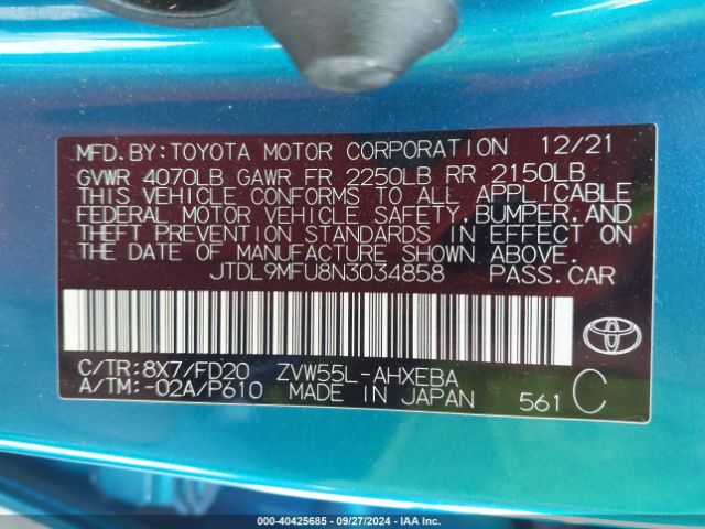 JTDL9MFU8N3034858 Toyota Prius Le Awd-e